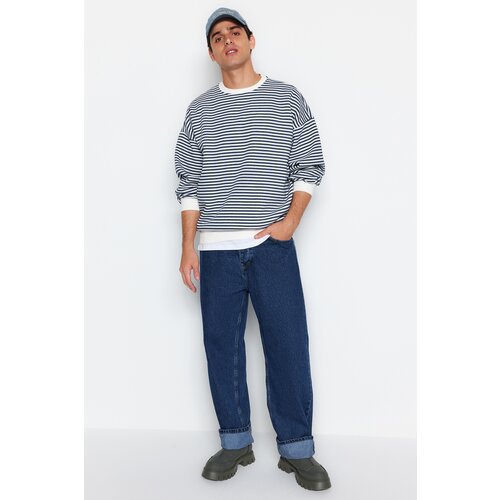 Trendyol Men's Indigo Oversize Striped Fleece Inside Cotton Sweatshirt Slike