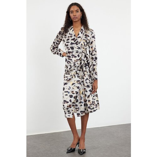 Trendyol Beige Geometric Wrap Midi Animal Patterned Woven Dress with Tie Detail Cene