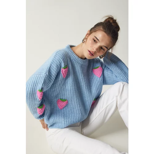 Happiness İstanbul Women's Sky Blue Strawberry Textured Knitwear Sweater