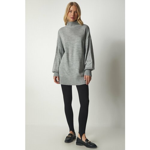 Happiness İstanbul Women's Gray Stand Up Collar Oversize Basic Knitwear Sweater Slike