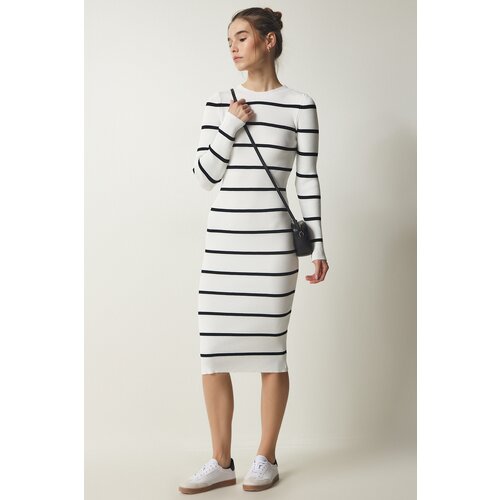 Happiness İstanbul Women's White Ribbed Striped Wrap Sweater Dress Slike