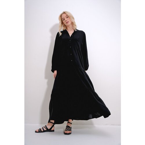 Trend Alaçatı Stili Women's Black Crew Neck Buttoned Flounced Skirt Gathered Viscose Dress Slike