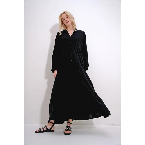 Trend Alaçatı Stili Women's Black Crew Neck Buttoned Flounced Skirt Gathered Viscose Dress