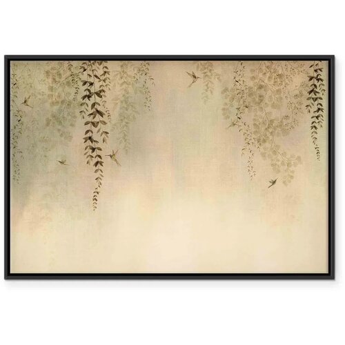  Slika - Spring Orchard - Hummingbirds Among Tree Branches in Beige Shades 90x60 U crnom drvenom okviru Cijene