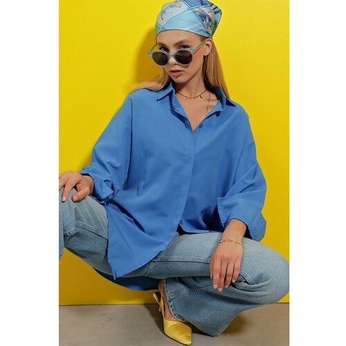 Trend Alaçatı Stili Women's Steel Blue Oversize Long Woven Shirt Slike