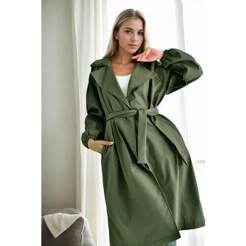 Dewberry 40345 Belted Balloon Sleeve Women Trenchcoat-Khaki Slike