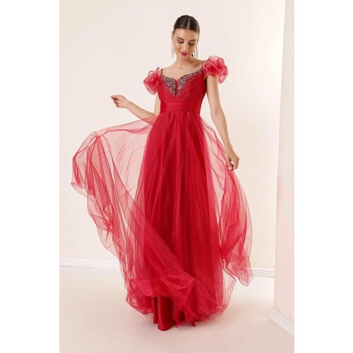 By Saygı Front Back V-Neck Rope Straps Low Sleeves Stone Detailed Lined Long Tulle Dress Red Slike