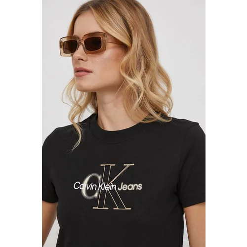 Calvin Klein Jeans Bombažna kratka majica ženski, črna barva