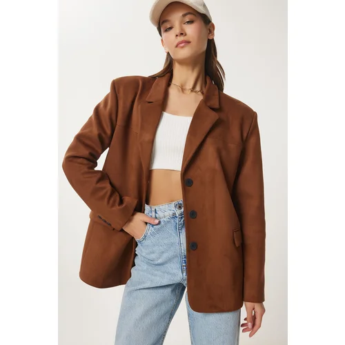 Happiness İstanbul Women's Brown Premium Suede Blazer Jacket