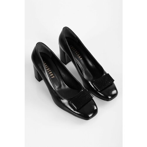 Shoeberry Women's Talina Black Patent Leather Buckled Heel Shoes Slike