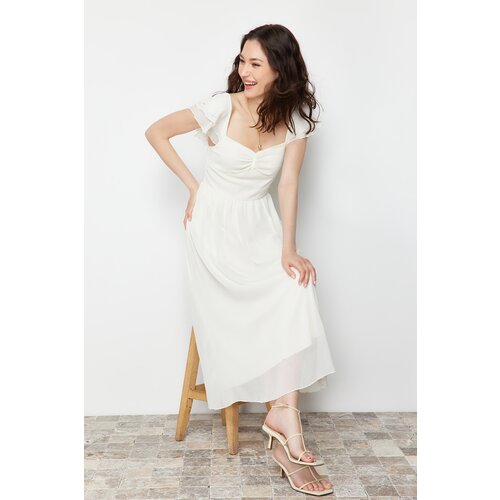 Trendyol Ecru Waist Opening Chiffon Lined Midi Woven Dress Slike