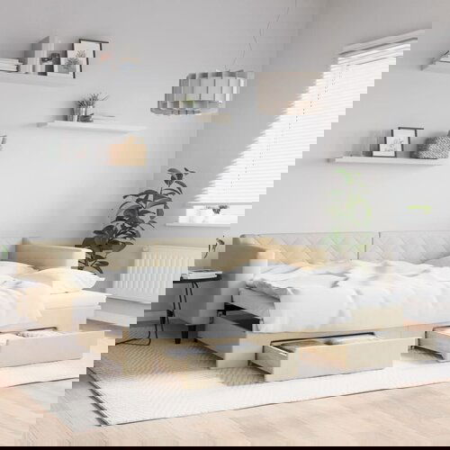VidaXL Izvlečna dnevna postelja s predali krem 90x200 cm blago Slike