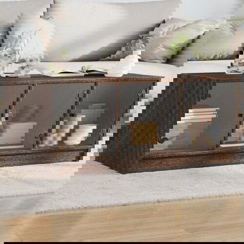 VidaXL Klubska mizica s steklenimi vrati rjavi hrast 102x50x42 cm Slike