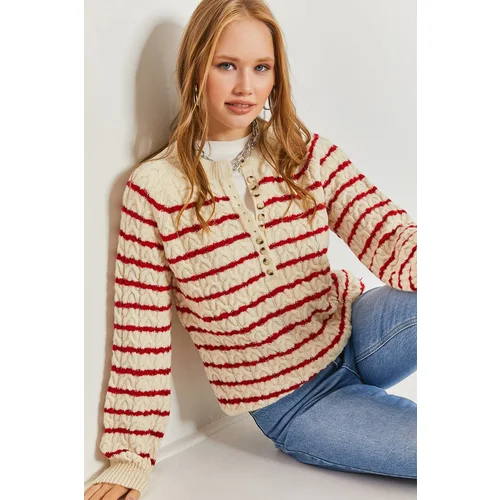 Bianco Lucci Women's Striped Knitwear Sweater with Braids.