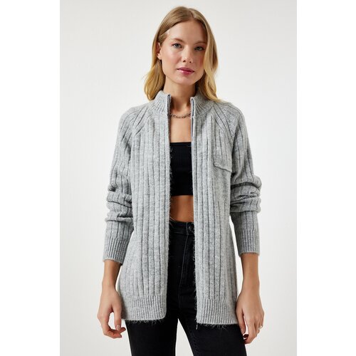 Women's Gray Zippered Knitwear Cardigan Slike