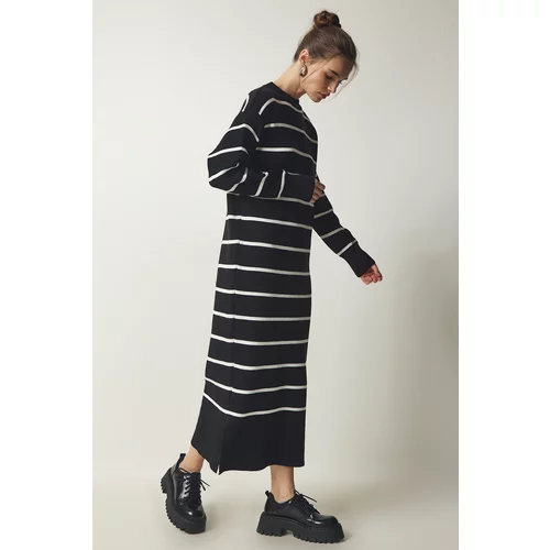 Happiness İstanbul Women's Black Striped Wrap Knitwear Dress