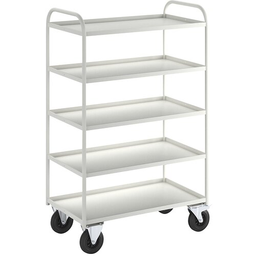 Kongamek nivojski voziček KM41, 5 polic z robom, dxšxv 955 x 550 x 1490 mm, bele barve, 2 vrtljivi kolesi z zavoro, 2 fiksni kolesi Cene