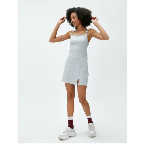 Koton Ribbed Mini Dress with Thin Straps Square Collar Slits