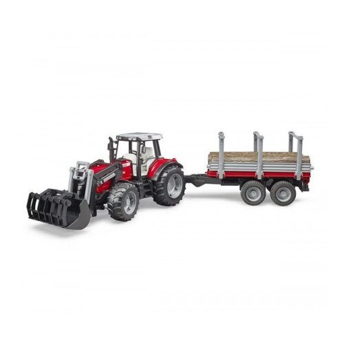 Bruder 02046 Massey Ferguson 7480 s sprednjim nakladalnikom, prikolico za prevoz lesa in 3 hlodi - 1 set. Cene