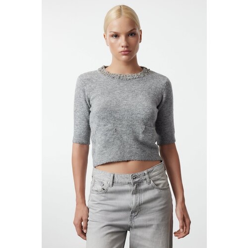 Trendyol Gray Collar Stone Embroidered Soft Textured Knitwear Sweater Cene