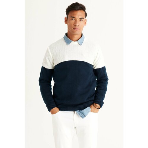 AC&Co / Altınyıldız Classics Men's Ecru-navy blue Standard Fit Normal Cut Crew Neck Colorblok Patterned Knitwear Sweater. Cene