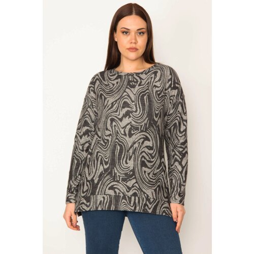 Şans Women&amp;#039;s Plus Size Smoked Crew Neck Patterned Blouse with Tiny Side Slits Slike