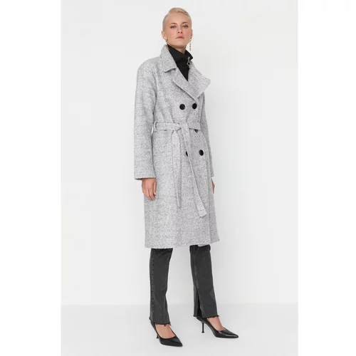 Trendyol Gray Belted Button Closure Wool Cachet Coat