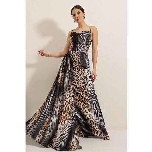 By Saygı Lined Leopard Pattern Satin Long Dress With Rope Straps Black Slike