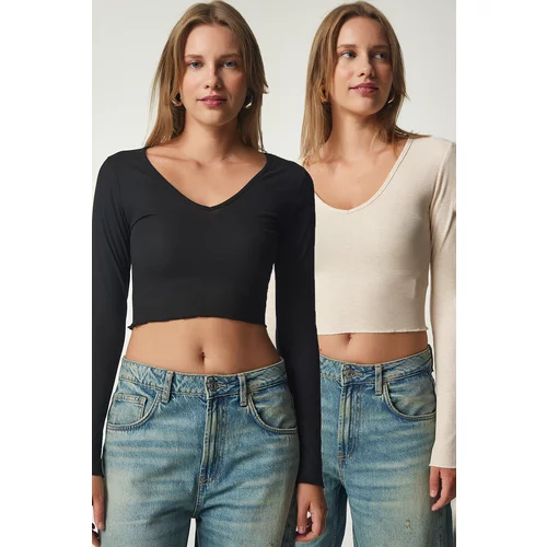 Happiness İstanbul Women's Black Cream V Neck 2 Pack Crop Knitted Blouse