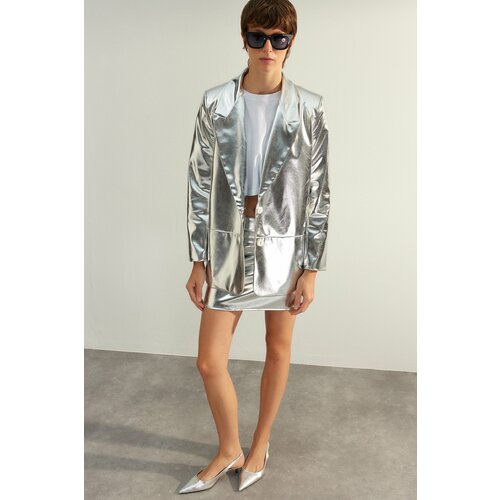 Trendyol Silver Premium Glossy Woven Blazer Jacket Slike