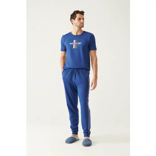 Avva Men's Indigo Crew Neck 100% Cotton Special Boxed Short Sleeve Pajamas Set