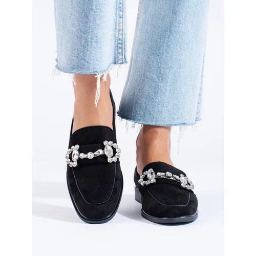 SHELOVET Black suede loafers with buckle