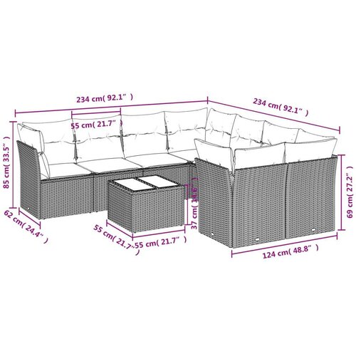 VidaXL 9-dijelni set vrtnih sofa s jastucima poliratan smeđi Slike