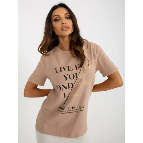 Fashion Hunters Women's dark beige cotton T-shirt with inscriptions