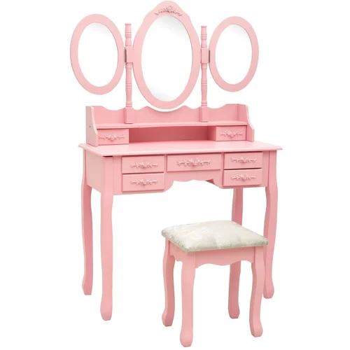vidaXL toaletni stolić sa stolcem i trostrukim ogledalom ružičasti