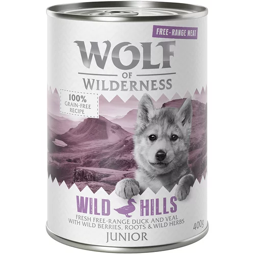 Wolf of Wilderness Varčno pakiranje Junior "Free-Range Meat" 24 x 400 g - Wild Hills - raca & teletina iz proste reje