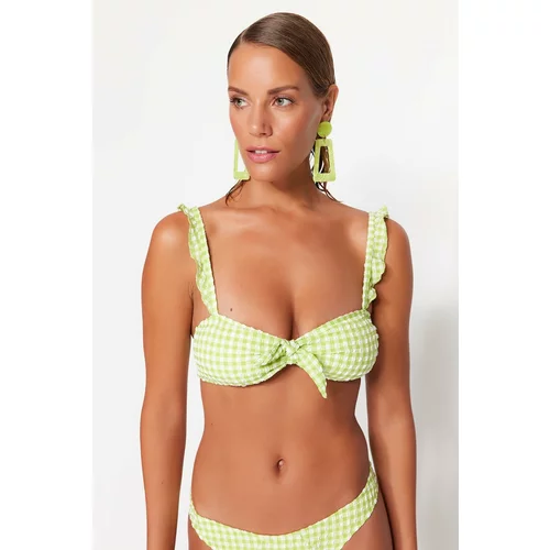 Trendyol Green Gingham Textured, Strapless Tie Back Bikini Top