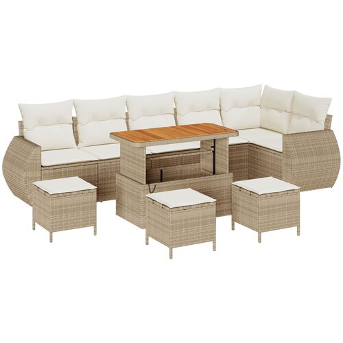 VidaXL 10-delni vrtni sofa set z blazinami bež poli ratan akacija, 4-delni vrtni jedilni set z blazinami bež poli ratan akacija Slike