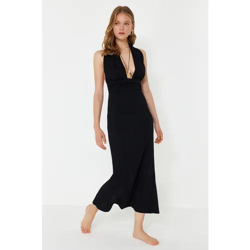 Trendyol Black Midi Woven Back Low-cut Linen Blended Beach Dress