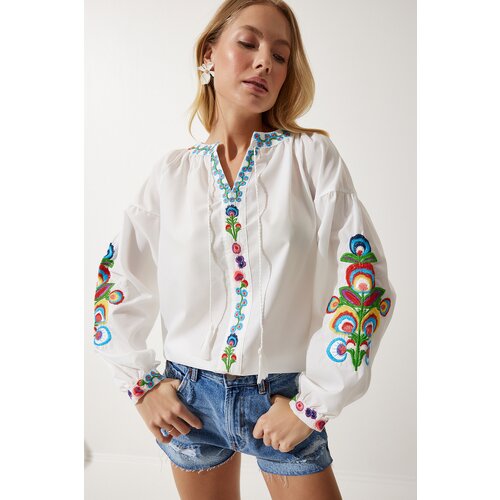  Women&amp;#039;s White Embroidered Balloon Sleeve Poplin Blouse Slike