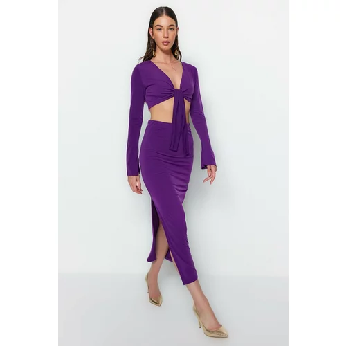 Trendyol Purple Lace-Up Detail Super Crop and Midi Flexible Knitted Top and Bottom Set