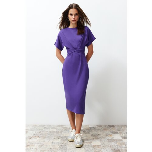 Trendyol Purple 100% Cotton Waist Slit and Tie Detailed Midi Knitted Dress Cene