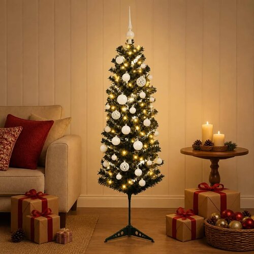  Umjetno usko božićno drvce s kuglicom 150 cm 150 LED lampica - 150 cm s LED žaruljama i bijelim kuglicama Cijene