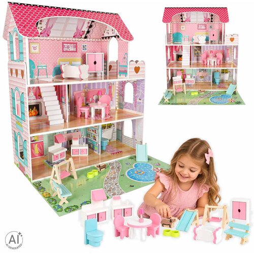  Drvena kućica za lutke s namje&amp;scaron;tajem i LED rasvjetom, 70 cm, DOLLHOUSE GARDEN &amp;ndash; ružičasta Slike