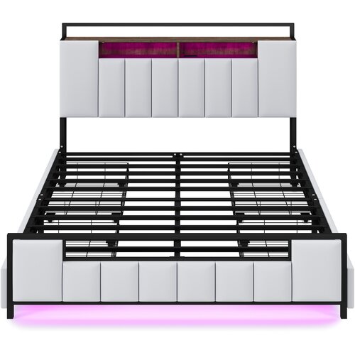 Lumor Postelja za odrasle 160x200 cm iz umetnega usnja – z LED osvetlitvijo in USB priključkom – 4 predali – kovinski okvir – bela, (22151031) Cene