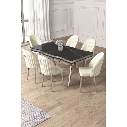Hanah home trpezarijski set Pem, sto i 6 stolica, ploča u dekoru Sonata, hromirane noge, krem tkanina Babyface Cene