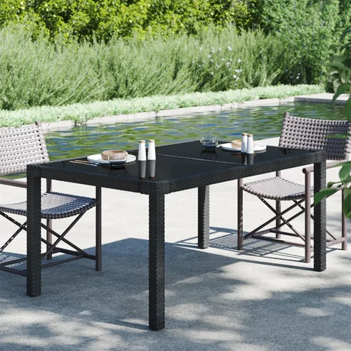 vidaXL Vrtna miza 150x90x75 cm kaljeno steklo in poli ratan črna