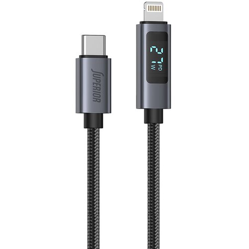 Superior USB data kabl SU-K107, Type-C na Lightning, Pleteni, 3A, 27W, LED ekran, 1 m, Crni Cene