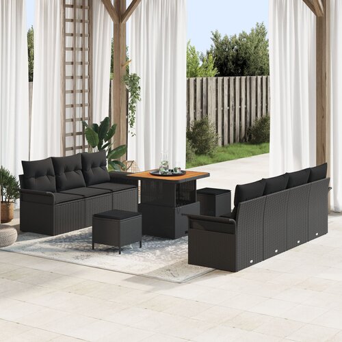 vidaXL 10-dijelni vrtni set sofa s jastučićima Crni Poliratan Akacija, 2-sjedna vrtna sofa s jastučićima Crni Poliratan, 3-dijelni vrtni set za ručavanje s jastučićima Crni Poliratan Akacija Cijene