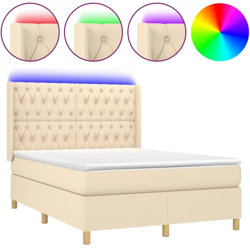 vidaXL Box spring postelja z vzmetnico LED krem 140x190 cm blago, (20901652)